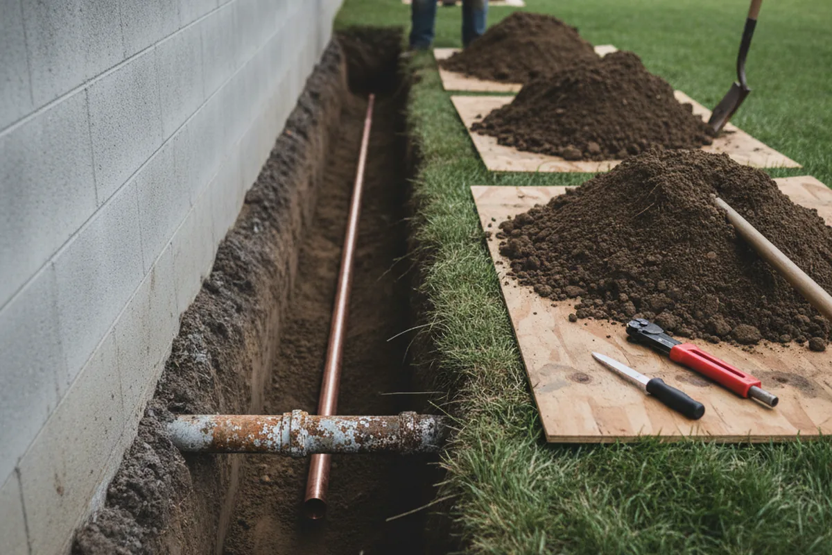 Excavated water line trench during Sewer Line Repair in Martinsburg